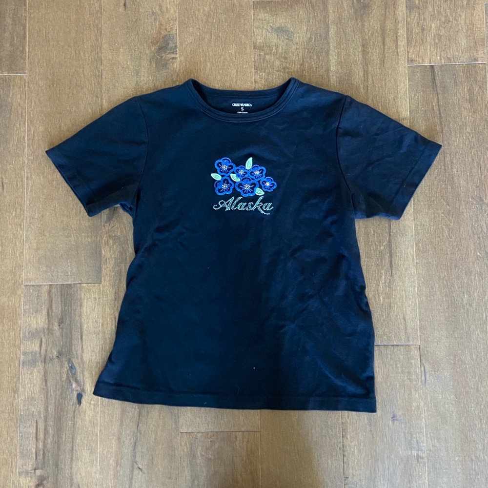 Classic Black Tee with Blue Floral Embroidery